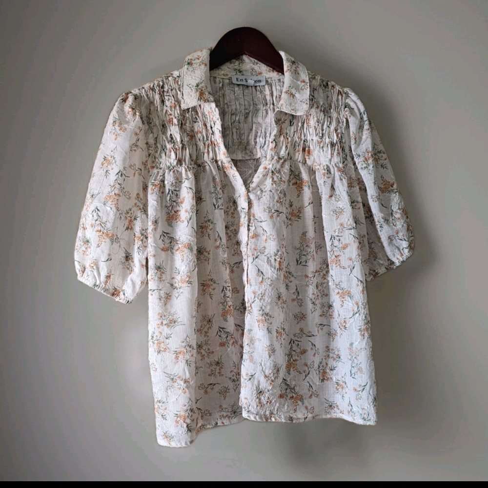 En Saison Cream Floral Puff Sleeve Blouse